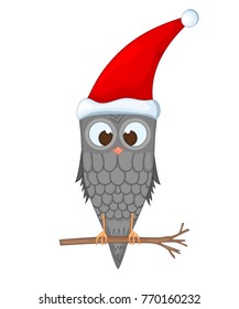 owl on the branch in the Santa Claus hat and scarf. postcard for the new year and Christmas. Isolated objects bird on white background. Template for text and congratulations