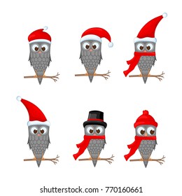 owl on the branch in the Santa Claus hat and scarf. postcard for the new year and Christmas. Isolated objects bird on white background. Template for text and congratulations