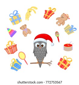 owl on the branch in the Santa Claus hat and scarf. postcard for the new year, Christmas. Isolated bird on white background, Surrounded with toys rabbit, bear. Template for text and congratulations.