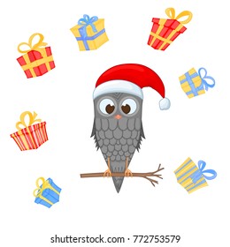 owl on the branch in the Santa Claus hat and scarf. postcard for the new year and Christmas. Isolated bird on white background, Surrounded by gifts. Template for text and congratulations.