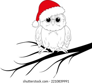 Owl on a branch in a santa hat. Merry Christmas and Happy New Year.