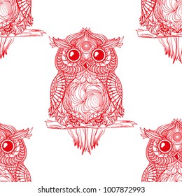 Owl on the branch. Seamless pattern. Design Zentangle. Hand drawn abstract patterns on isolation background. Design for spiritual relaxation for adults. Line art creation. Zen art. Decorative style