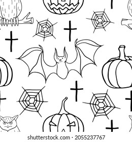 Owl on a branch, spider web, pumpkin, crosses, bat. Seamless vector pattern for Halloween. Monochrome illustration.