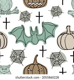 Owl on a branch, spider web, pumpkin, crosses, bat. Seamless vector pattern for Halloween. Doodle illustration.