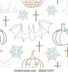 Owl on a branch, spider web, pumpkin, crosses, bat. Seamless vector pattern for Halloween. Outlines illustration.