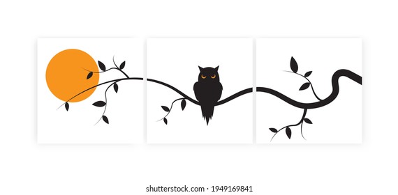 Owl on branch on sunset, vector. Three pieces minimalist poster art design. Bird silhouette illustration isolated on white background. Wall art, artwork, wall decals. Canvas art printing