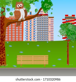 Owl on a branch of a tree in a city. Vector illustration of a city landscape in the summer.