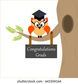 An owl on a branch of a tree with a graduation cap and text