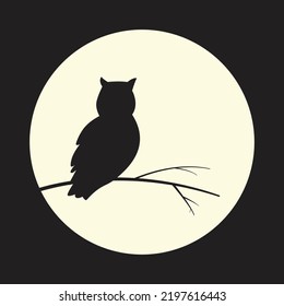Owl on a branch, vector silhouette of an owl on the background of the moon
