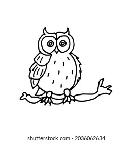 Owl on a branch on white background. Halloween. Hand drawn illustration. Doodle style.