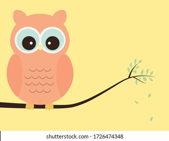 Owl on a branch on a yellow background
