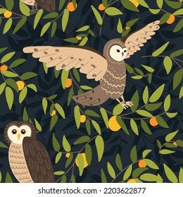 Owl on the branches of trees, seamless pattern, vector illustration