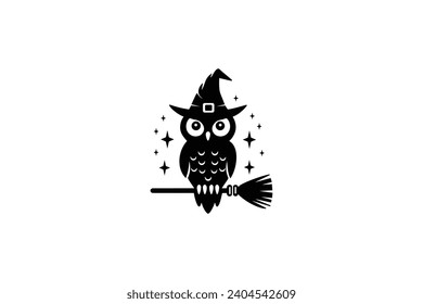 owl on broomstick logo, perfect for magical themes, Halloween events, or whimsical brands seeking a mystical touch