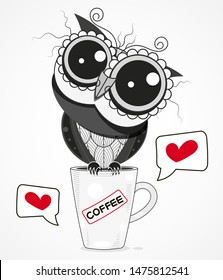 An Owl On A Coffee Cup Vector Illustration Cartoon Isolated On Background. Design For Greeting Card, Decorative Textile