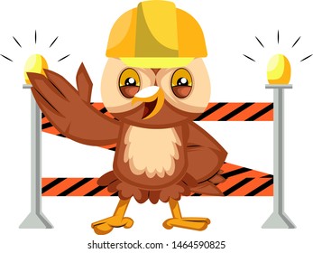 Owl on construction yard, illustration, vector on white background.