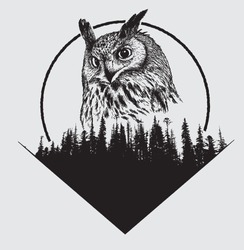 Owl On Forest Silhouette Background And Moon.Hand Drawn Vector Illustration.Prints Design For T-shirts.Retro Old Style.