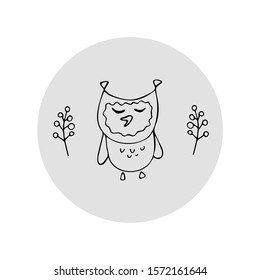 Owl on a gray round background, hand-drawn, vector illustration, doodles, can be used as a logo or banner, nature, ecology, bird, plant, black lines. stock illustration