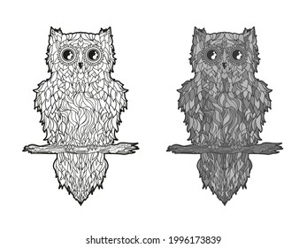 Owl on isolated white. Detailed hand drawn line bird with abstract patterns on isolation background. Different color options. Black and white illustration