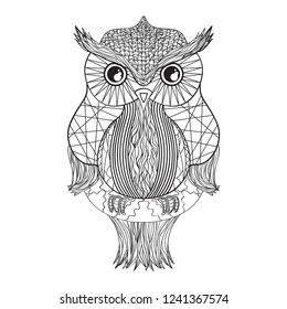 Owl on isolated white. Zentangle. Detailed hand drawn vintage bird with abstract patterns on isolation background. Design for spiritual relaxation for adults