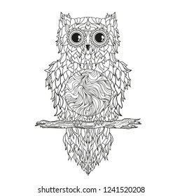 Owl on isolated white. Zentangle. Detailed hand drawn vintage bird with abstract patterns on isolation background. Design for spiritual relaxation for adults