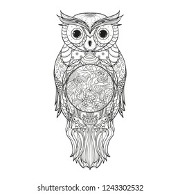 Owl on isolated white. Zentangle. Detailed hand drawn vintage bird with abstract patterns on isolation background. Design for spiritual relaxation for adults