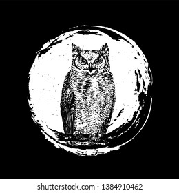 Owl on the moon. Hand-drawn black ink dirty artistic design element. The Vector logo owl for T-shirt design or outwear. Round banner, box, frame, insignia, logo, icon, label, badge, background. 