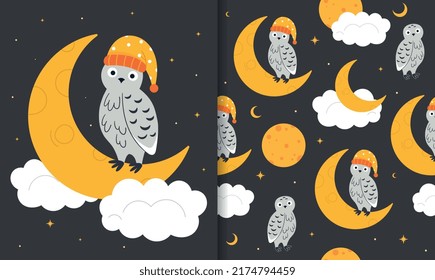 Owl on moon seamless pattern. Repeating image for printing on childrens bed linen. Cute character, dreams, imagination and fantasy. Mascot in night starry sky. Cartoon flat vector illustration