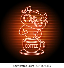 An Owl On A Neon Book Sign. Smart Owl With A Coffee Mug Night Bright Advertising. Vector Illustration In Neon Style For Education And Literacy