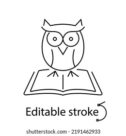 Owl on open book outline sign. Smart education idea. School concept. University emblem. Back to school design. Knowledge label. Customizable linear item. Editable stroke. Isolated vector illustration