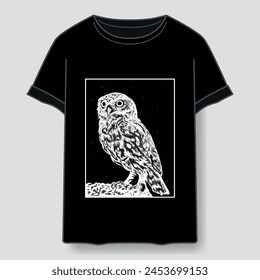 owl on a rock at night, black and white illustration for printing on a shirt