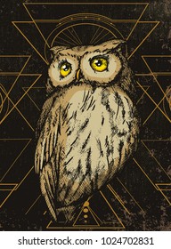 Owl on sacred geometry background. Hand drawn vector illustration of owl in in technique with tribal ornament and grunge background. Good for t-shirts, posters, labels, stickers.