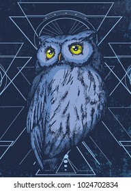 Owl on sacred geometry background. Hand drawn vector illustration of owl in technique with tribal ornament and grunge background. Good for t-shirts, posters, labels, stickers.