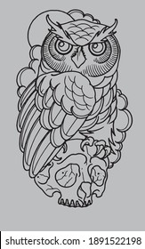 owl on the skull neotraditional tattoo desing vector