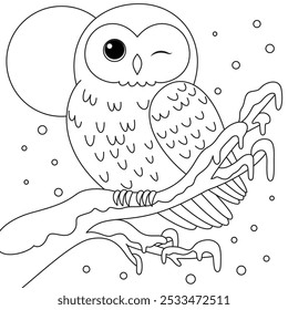 Owl on a snowy tree outline coloring page. Christmas and Winter Animal Illustration