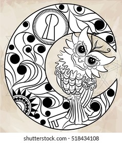Owl on the steampunk moon. Boho chic style. Hand drawn. Vector illustration.
