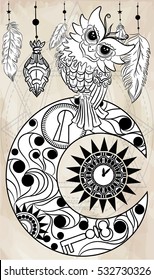Owl on the steampunk moon with vintage clock. Boho chic style. Hand drawn. Vector illustration.