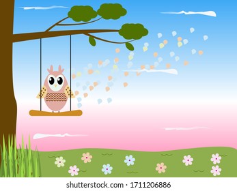 owl on a swing against the background of petals and clouds. Grass, flowers. Birthday card, greeting a newborn. Baby shower