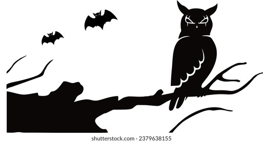 Owl on a tree branch accompanied by 2 bats