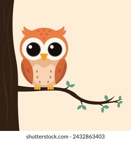 Owl on the tree branch cartoon character illustration