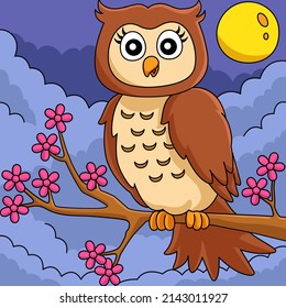 Owl On A Tree Branch Colored Cartoon Illustration