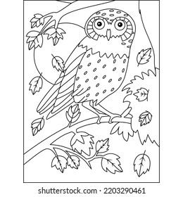 owl on a tree branch in fall season moon green leaves Autumn Fall season coloring illustration pages