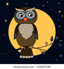 Owl on tree branch at moon night with stars vector illustration