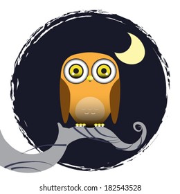 Owl on the tree branch with moon. vector illustration
