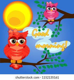 A owl on a tree branch in the morning, the sun shines and smiles. Inscription Good morning. Morning, breakfast