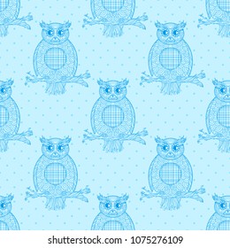 Owl on tree branch. Seamless colorful wallpaper. Dotted background. Design Zentangle. Hand drawn composition