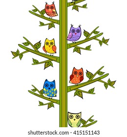 Owl on a tree branch vertical vector seamless pattern