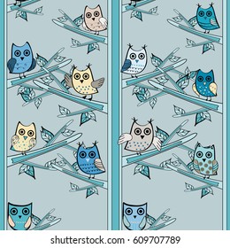 Owl on a tree branch vertical vector seamless pattern. Vector owl. Animals and bird owl. Forest nature
