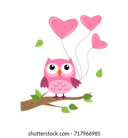 Owl on the tree, bright with hearts and leaves