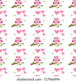 Owl on the tree, bright with hearts, pattern background