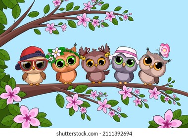 Owl on tree. Cute cartoon owls sitting on wooden branch with leaves. Spring funny birds together, friendship and relationship. Forest wild animals garish vector scene